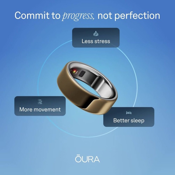 A clean, minimalist 1:1 square ad showcasing an Oura ring centered against a soft gradient background with three key benefit pillars labeled around it.